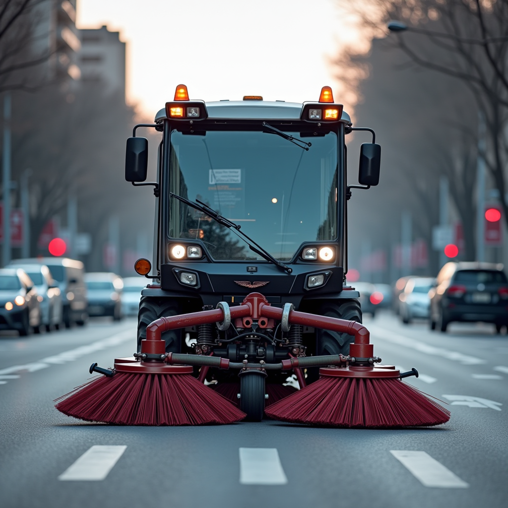 Traditional gas-powered street sweeper operating on a city street, showing the large mechanical brushes and visible exhaust emissions from the diesel engine, illustrating the outdated technology still in use