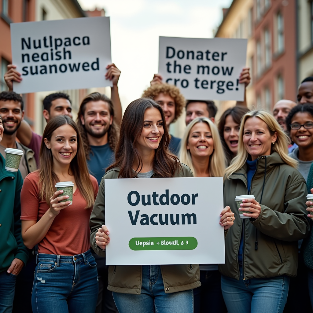Diverse group of supporters and donors gathered together celebrating the outdoor vacuum project, holding signs about clean streets and environmental innovation, with the project prototype visible in the background, warm community atmosphere