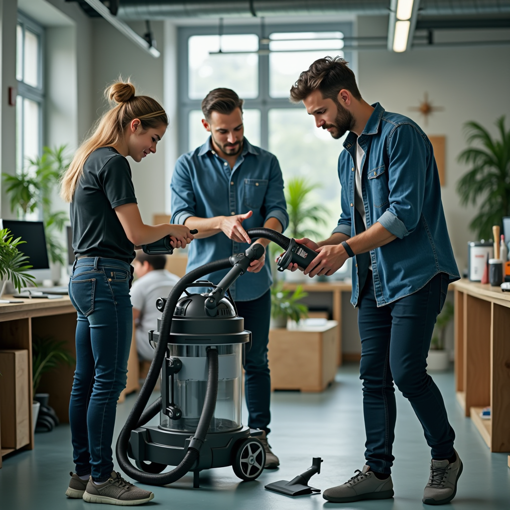 Engineering team working on eco-friendly outdoor vacuum cleaner prototype with sustainable materials and innovative design