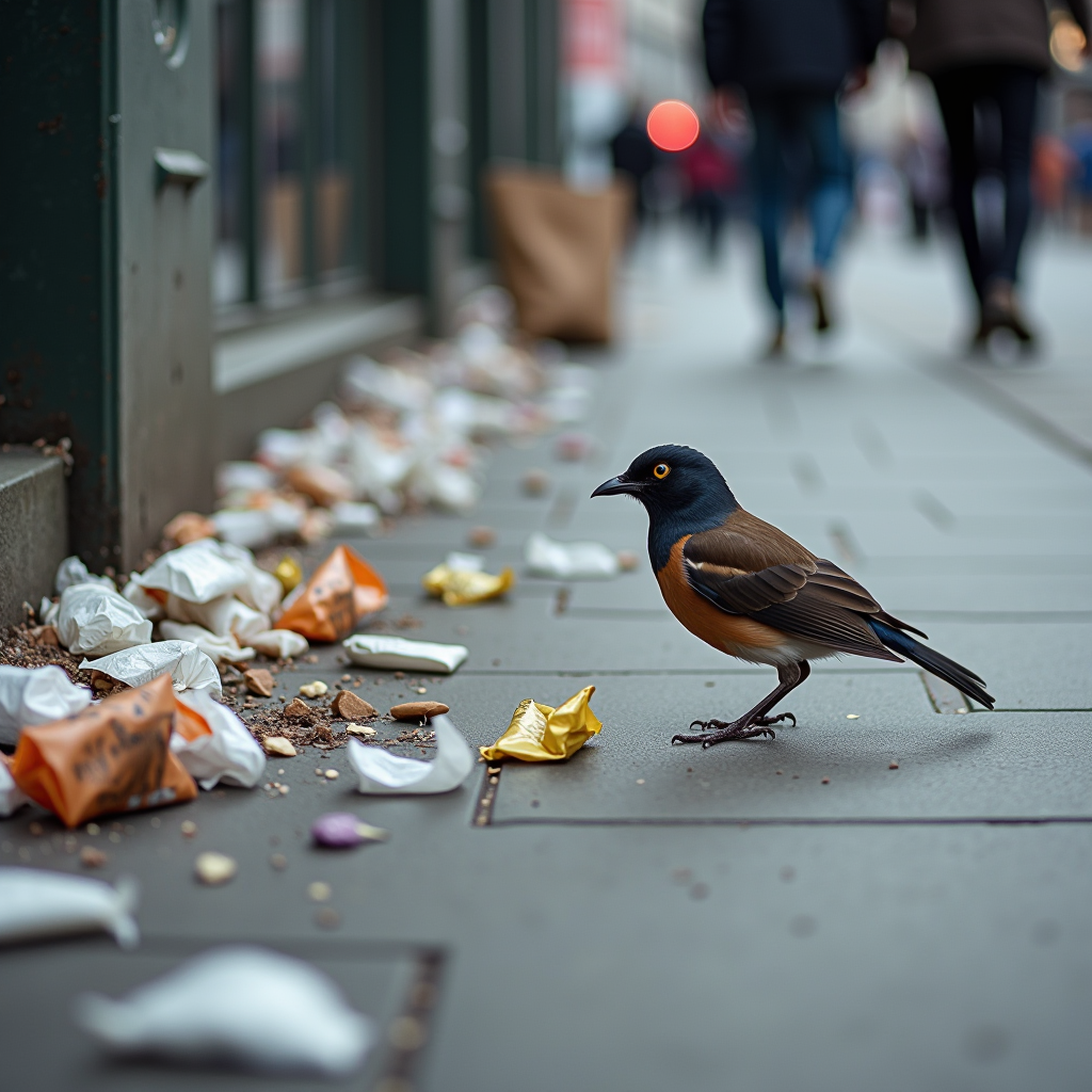 Urban wildlife scene showing a bird near scattered litter on a city sidewalk, with plastic wrappers and debris visible in the foreground, illustrating the direct interaction between street waste and local wildlife in an urban environment