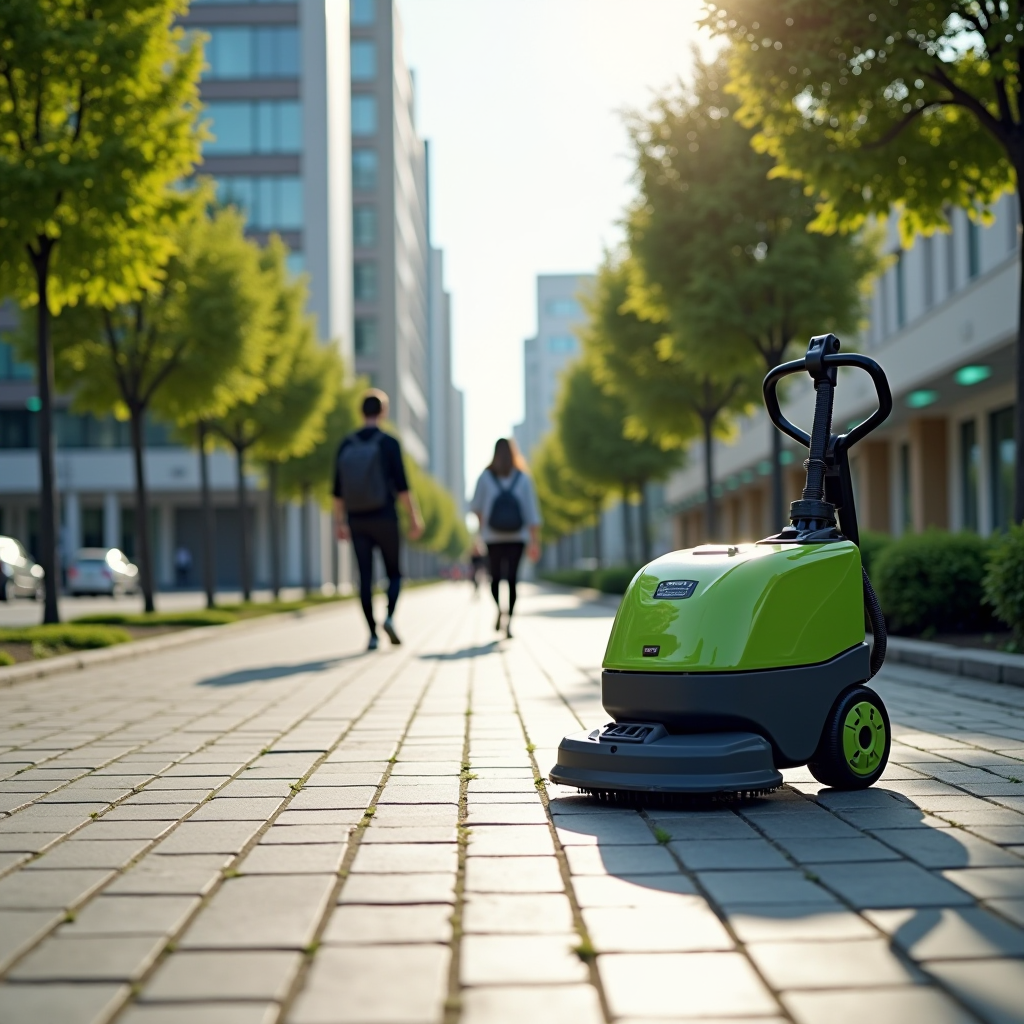 Clean urban sidewalk after using eco-friendly outdoor vacuum cleaner, pristine walkway with happy pedestrians, sustainable city maintenance