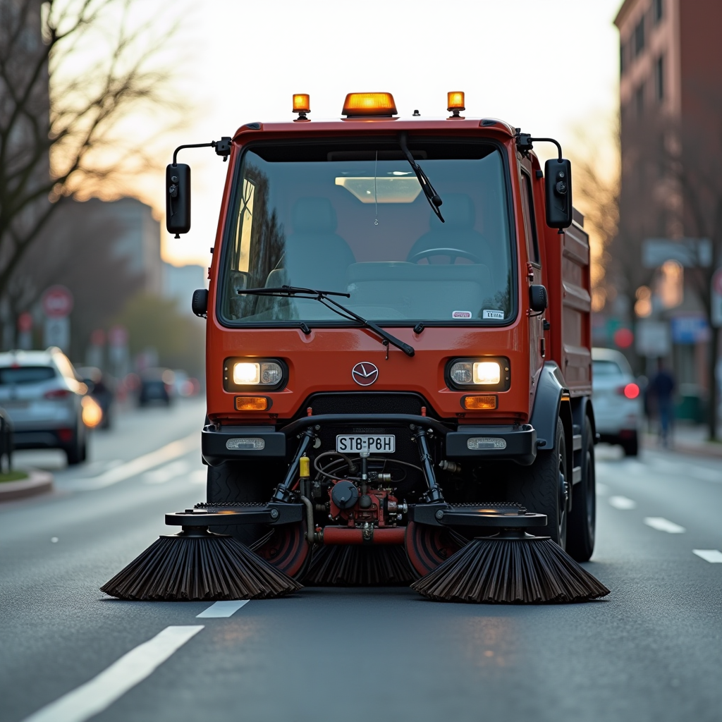 Traditional gas-powered street sweeper truck in action on a city street, showing outdated equipment with visible exhaust emissions and manual labor requirements