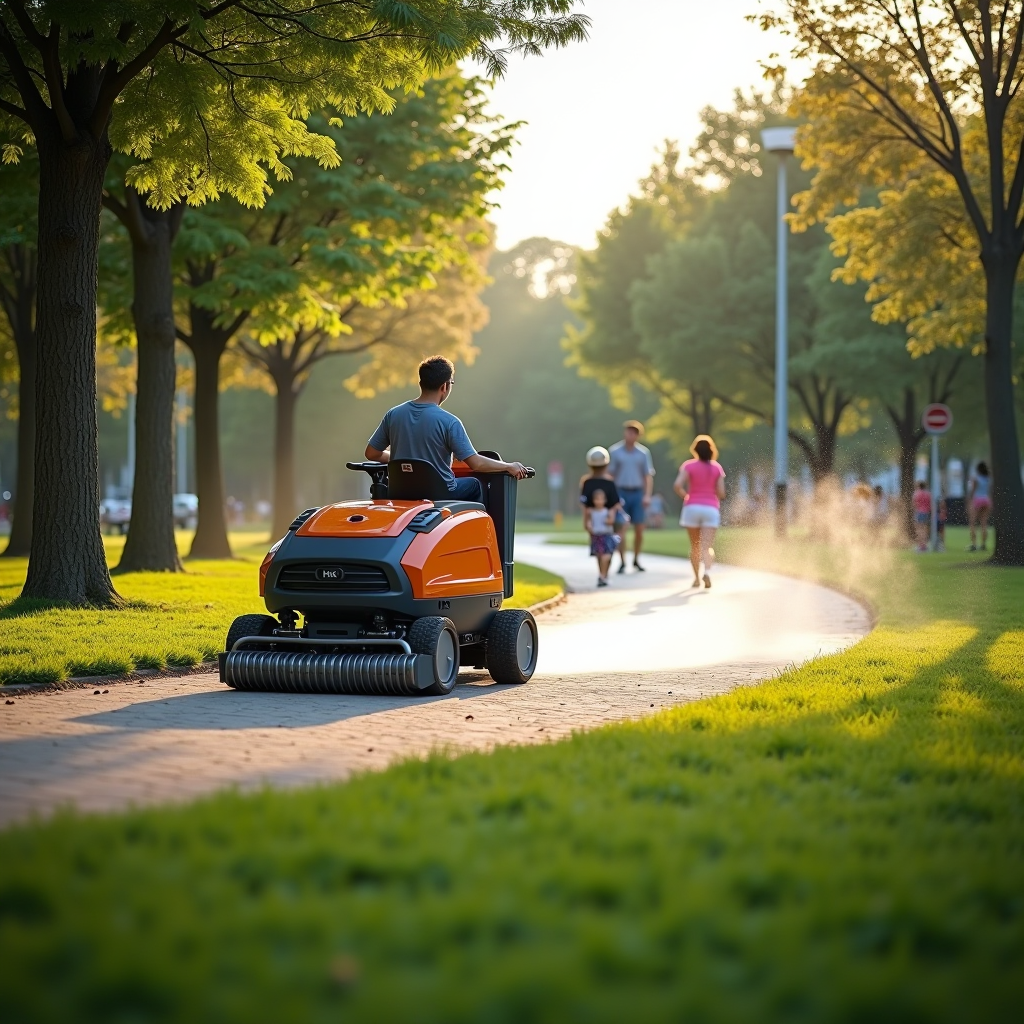 Beautiful city park being cleaned with innovative outdoor vacuum technology, green spaces maintained sustainably, families enjoying clean environment