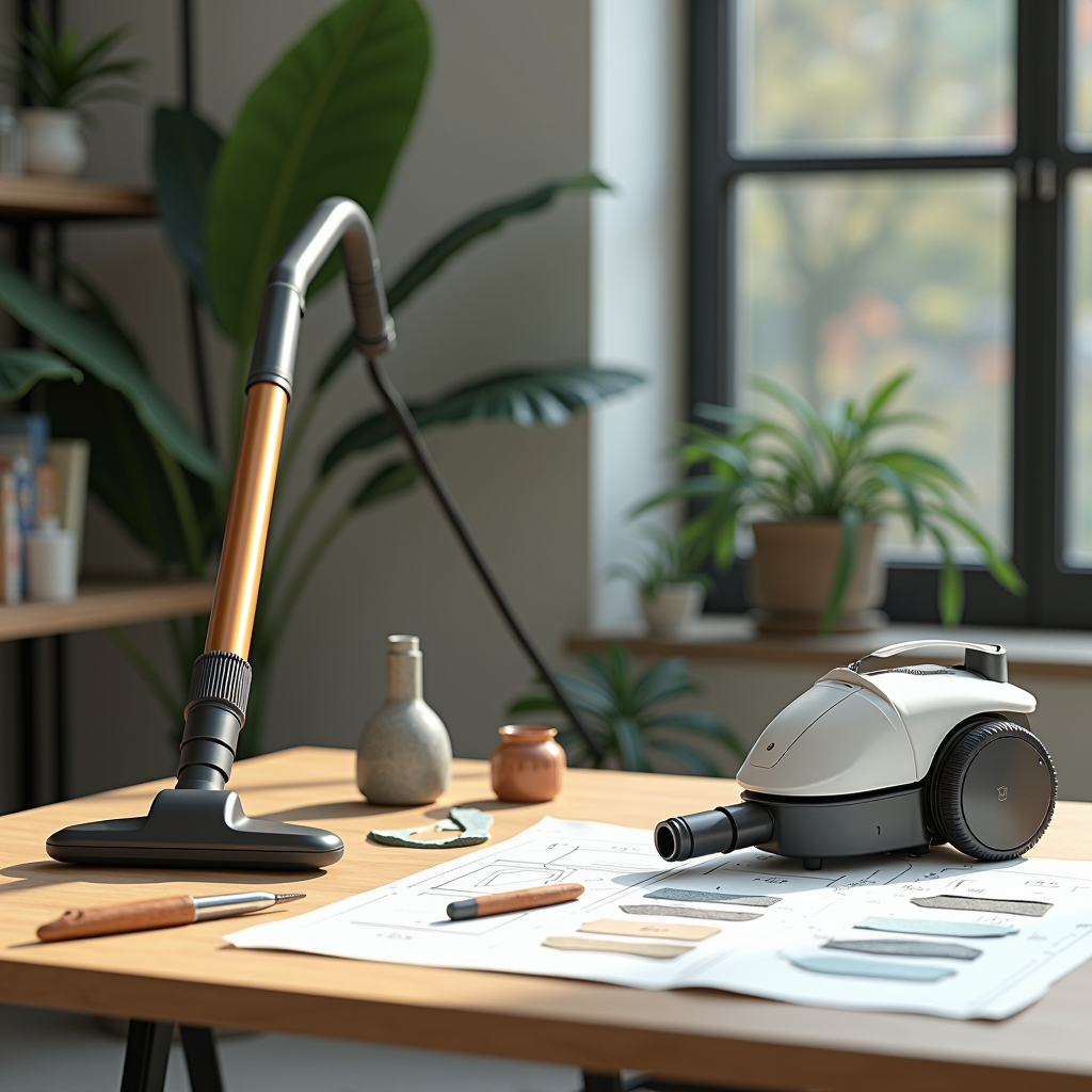 Early prototype design mockup of eco-friendly outdoor vacuum cleaner showing engineering sketches, sustainable material samples, and initial 3D model on a workbench with design tools