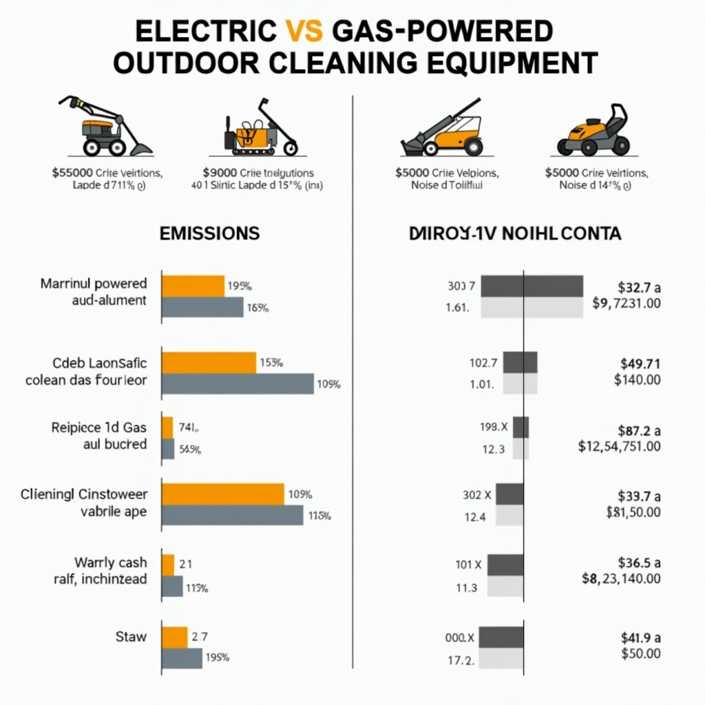 Professional infographic comparison chart displaying side-by-side data on electric versus gas-powered outdoor cleaning equipment, showing emissions levels, noise pollution metrics, and operational cost breakdowns with clear bar graphs and statistics