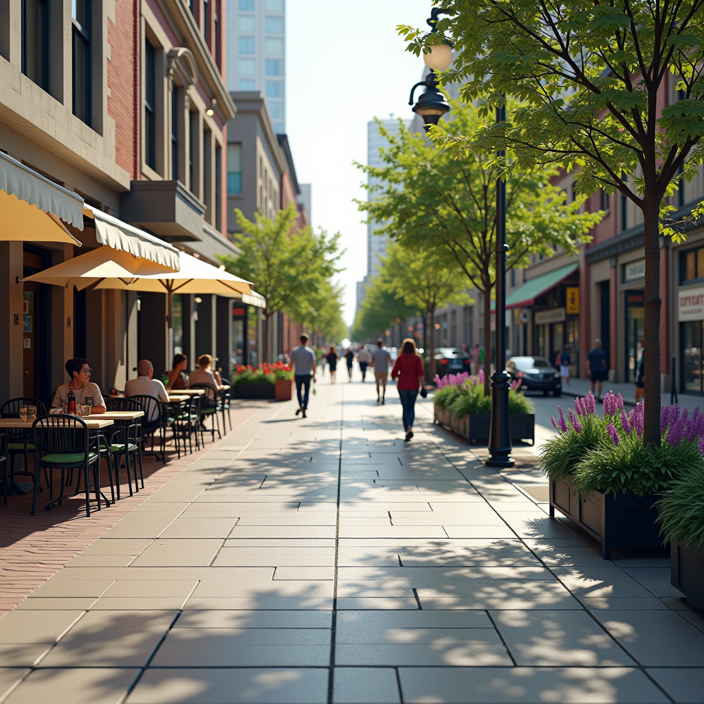 Thriving urban commercial street with clean sidewalks, outdoor cafe seating, pedestrians shopping and dining, well-maintained storefronts, and visible property value indicators, demonstrating the economic vitality of clean public spaces