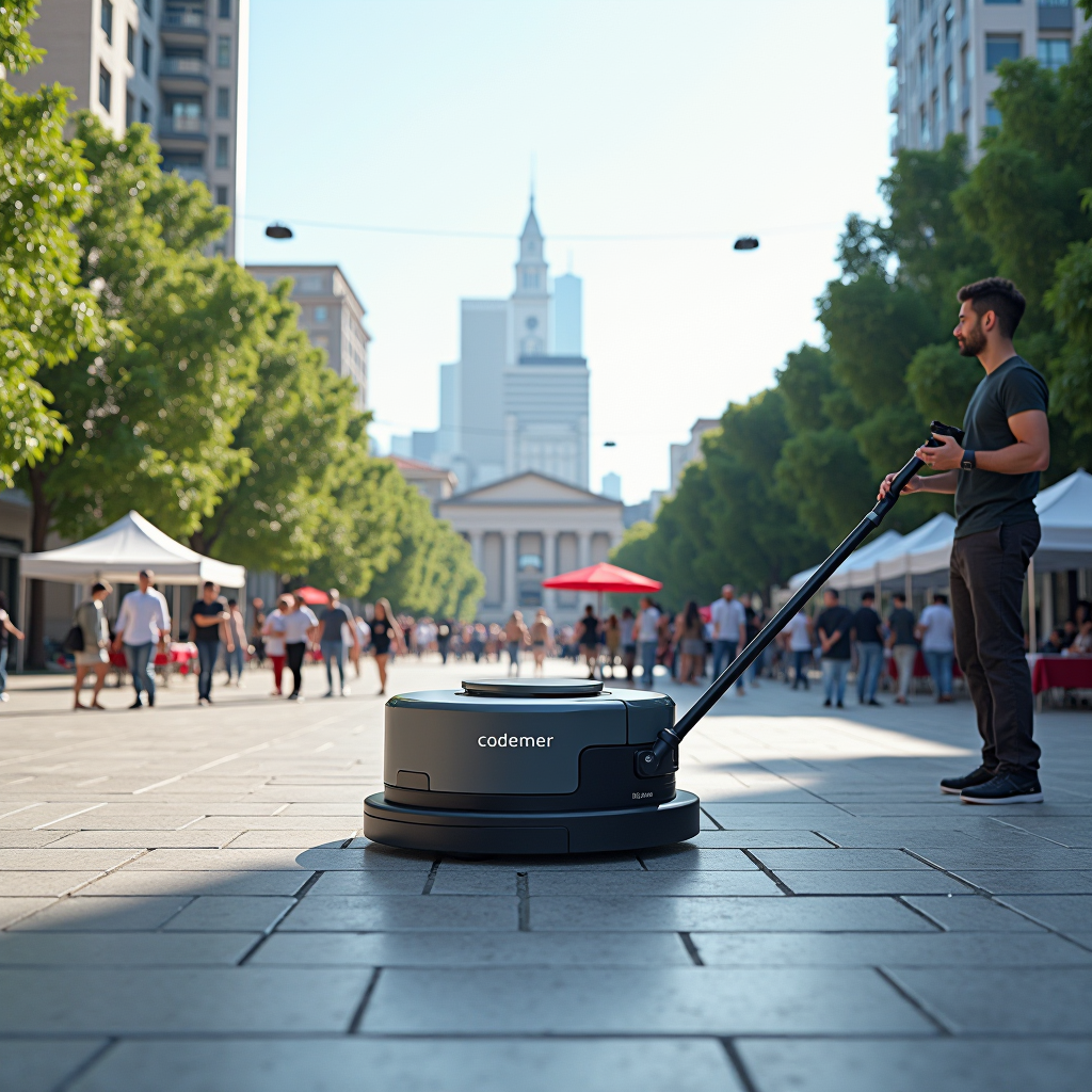 Public square and event space efficiently cleaned with smart vacuum cleaner, outdoor gathering area spotless, modern urban cleaning solution