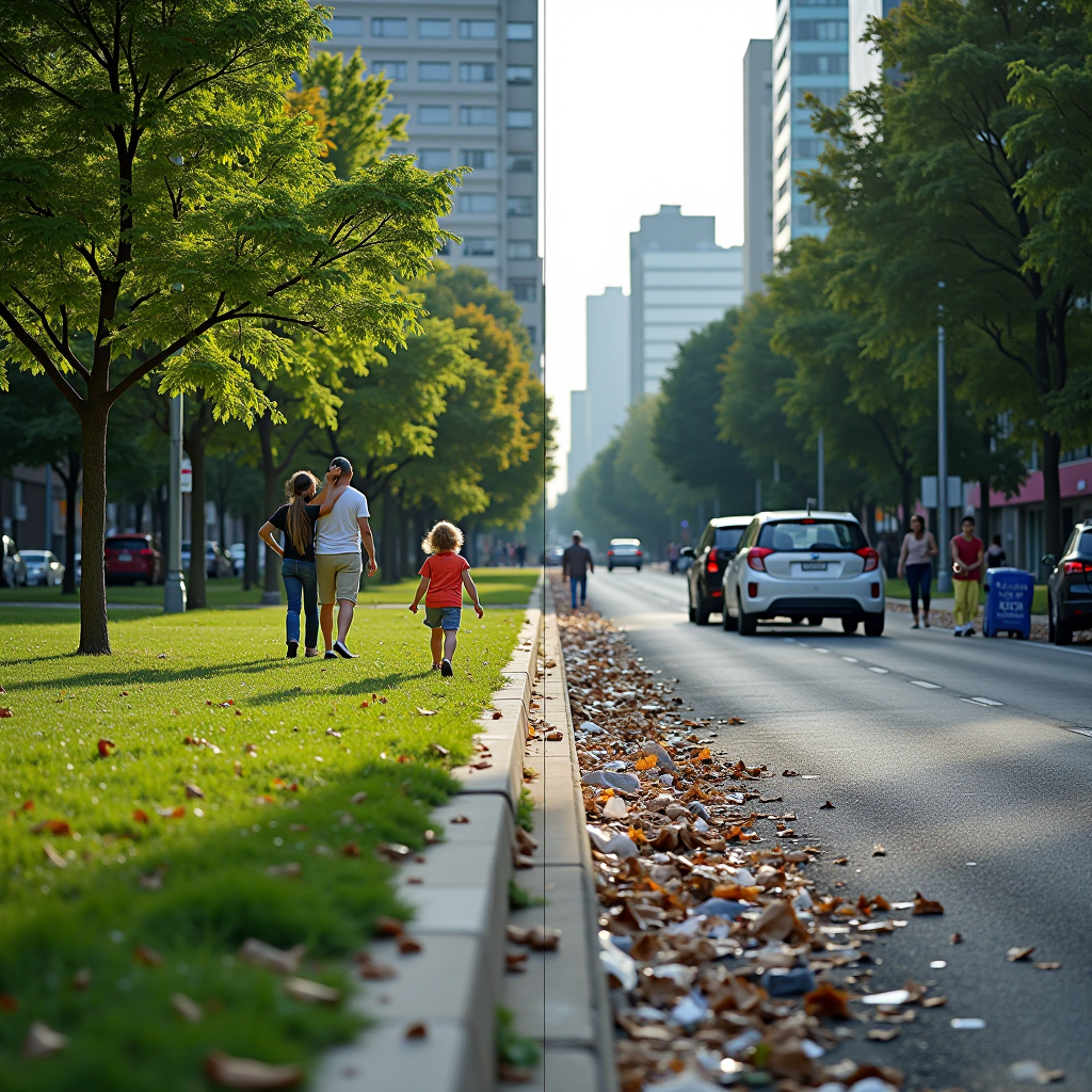 Split comparison image showing a clean, well-maintained public park on one side with families enjoying the space, contrasted with a littered urban street on the other side showing accumulated debris and waste