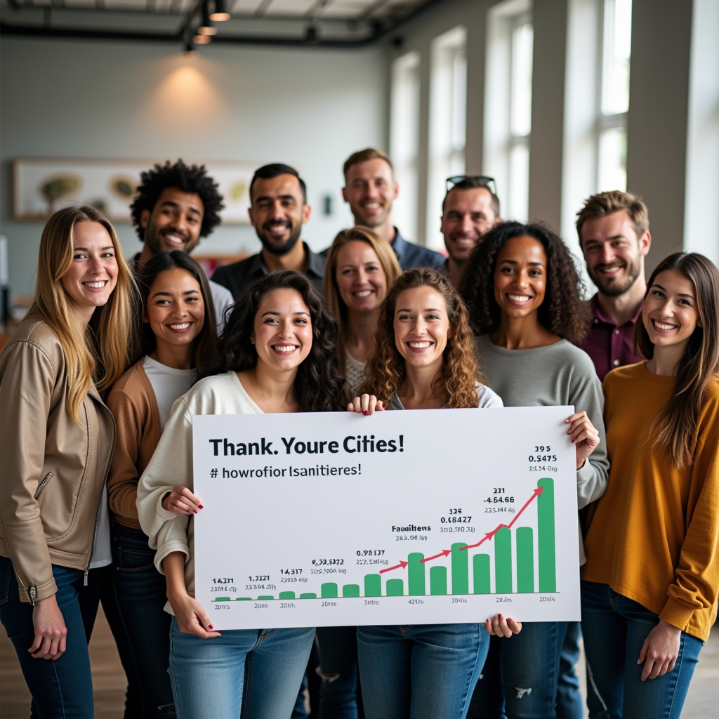 Diverse group of smiling community supporters and donors gathered together holding thank you signs, with visual representation of crowdfunding progress and milestone achievements in background, celebrating collective effort for cleaner cities