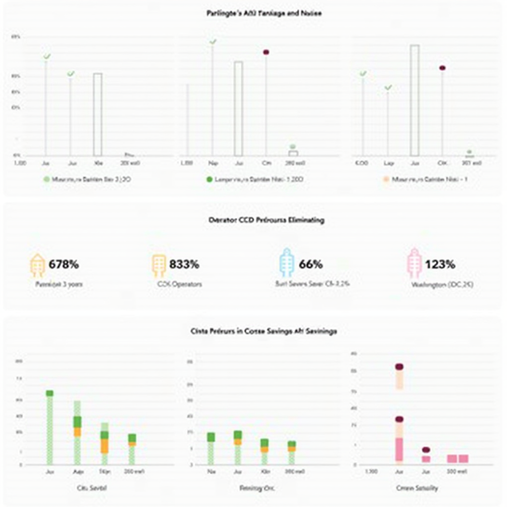 Comprehensive dashboard showing success metrics from Burlington, Pasadena, and Washington D.C. case studies. Includes bar charts comparing noise reduction percentages, cost savings over 3 years, CO2 emissions eliminated, and operator satisfaction ratings. Visual representation uses color-coded graphs with city-specific data points and trend lines showing improvement over time.