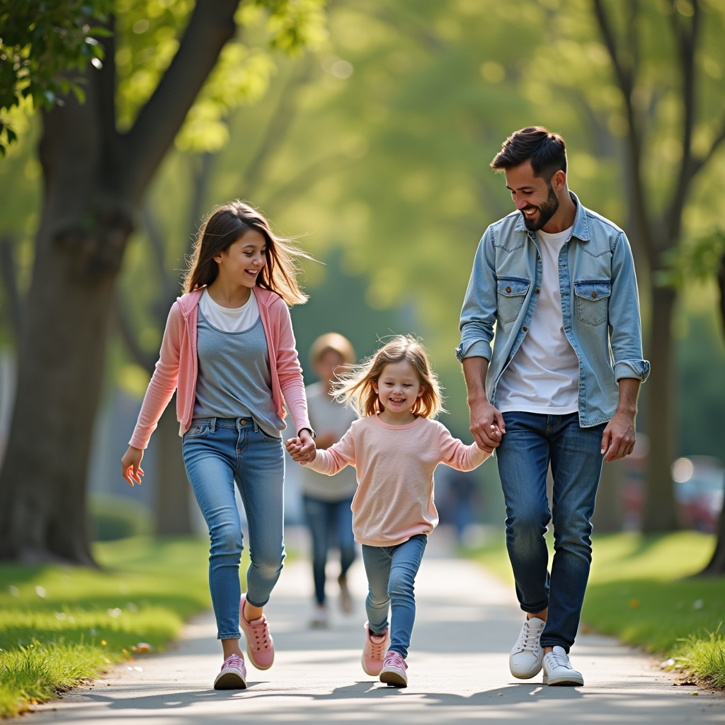 Happy families and children playing in clean, well-maintained urban park, healthy community environment, safe outdoor spaces for recreation